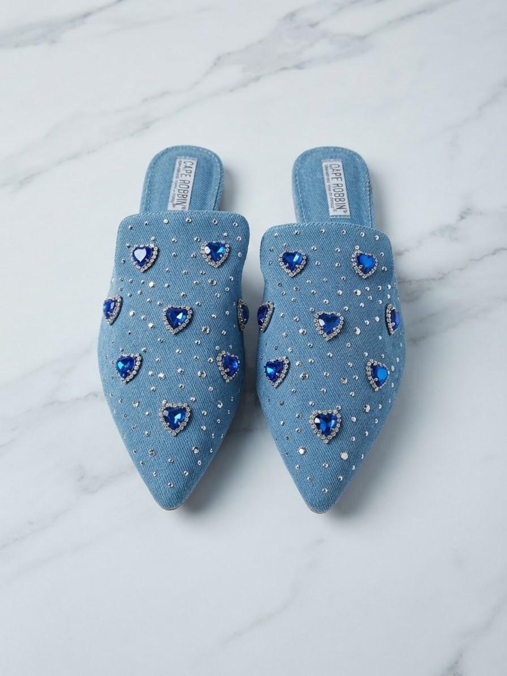 Denim Blue Jeweled Heart Pointed Mules